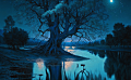 夜晚空旷的河流，中间有一棵神秘的巨型发光蓝树