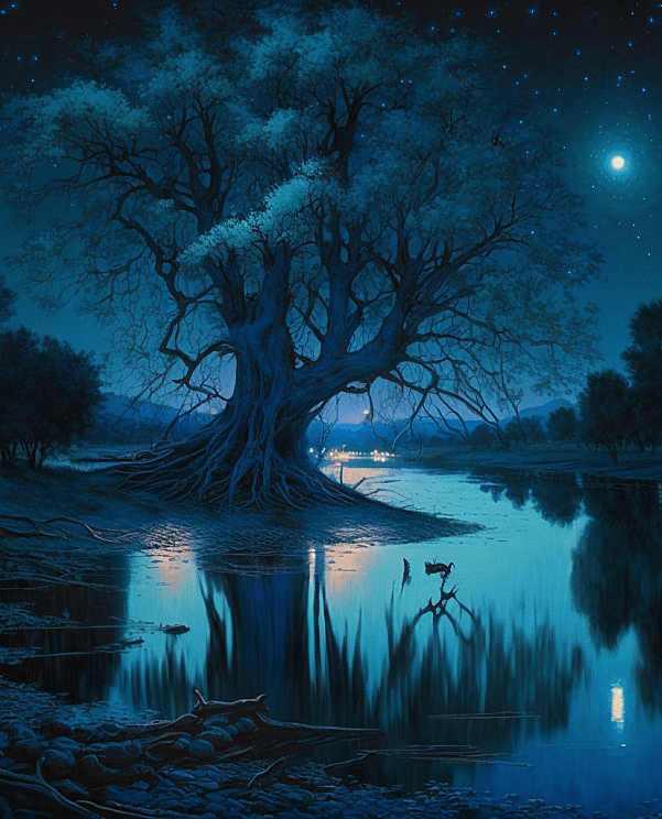 夜晚空旷的河流，中间有一棵神秘的巨型发光蓝树