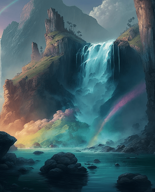 动漫风格 美丽的巨大悬崖瀑布
