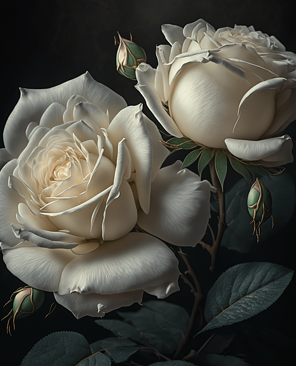 一对绝美的白色玫瑰，采用冷调色绘画