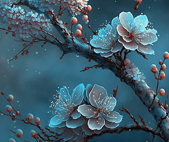 梦幻雪景下，淡蓝色的树枝梅花