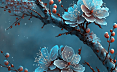 梦幻雪景下，淡蓝色的树枝梅花