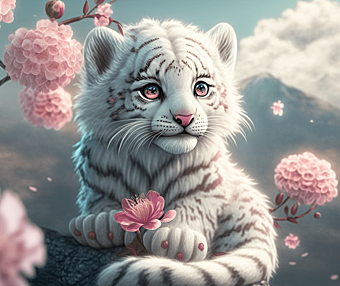 可爱的小白虎，搭配粉色花瓣风景