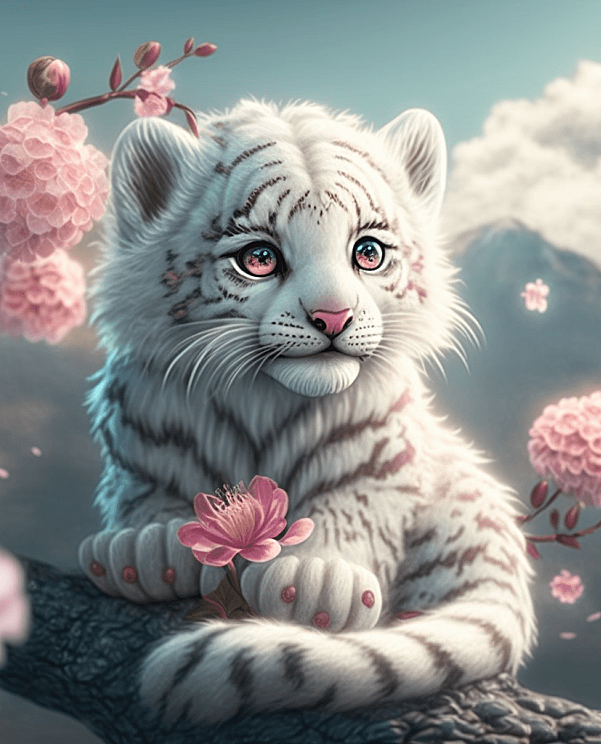 可爱的小白虎，搭配粉色花瓣风景