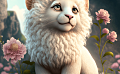 粉色花瓣风景，搭配可爱的白色小狮子