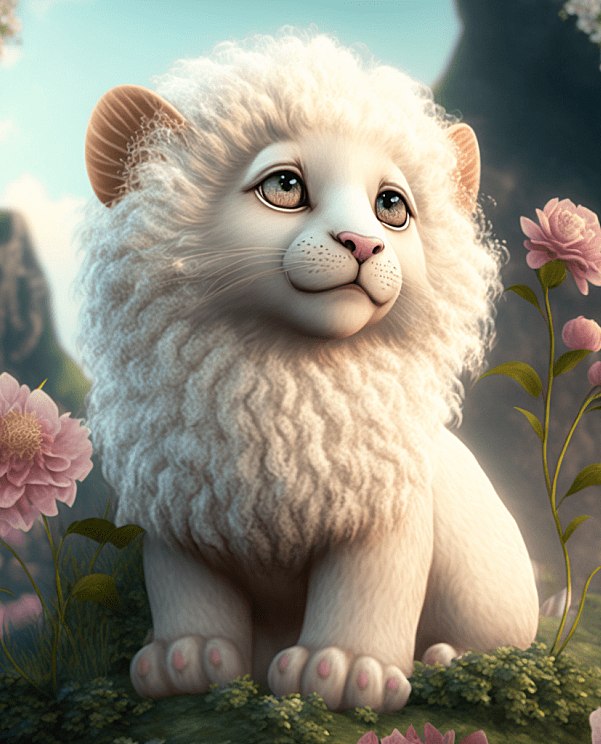 粉色花瓣风景，搭配可爱的白色小狮子