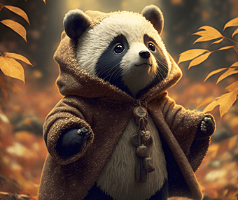 秋天里，在树林玩耍的可爱小熊猫
