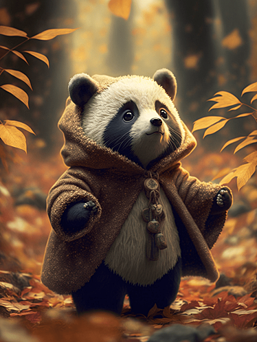秋天里，在树林玩耍的可爱小熊猫