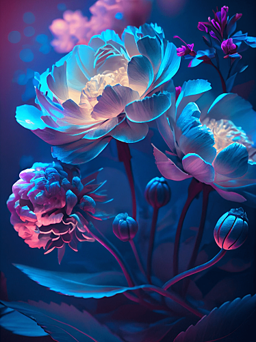 超细节 灯光下 唯美的淡蓝色 粉色牡丹花
