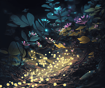 森林里，闪闪发光的萤火虫花草