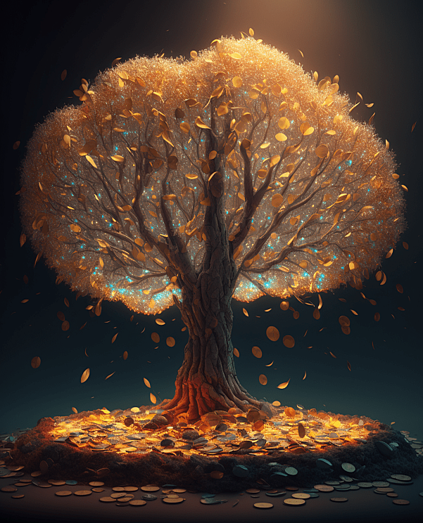 秋季森林里，一颗闪闪发光的魔法金钱树