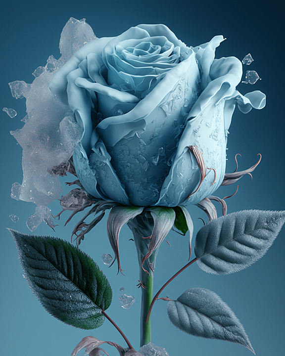 一朵冰蓝色的玫瑰，带有淡淡的冰霜