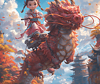 梦幻插画风格下，一位中国小男孩骑在巨大神兽上，形象栩栩如生