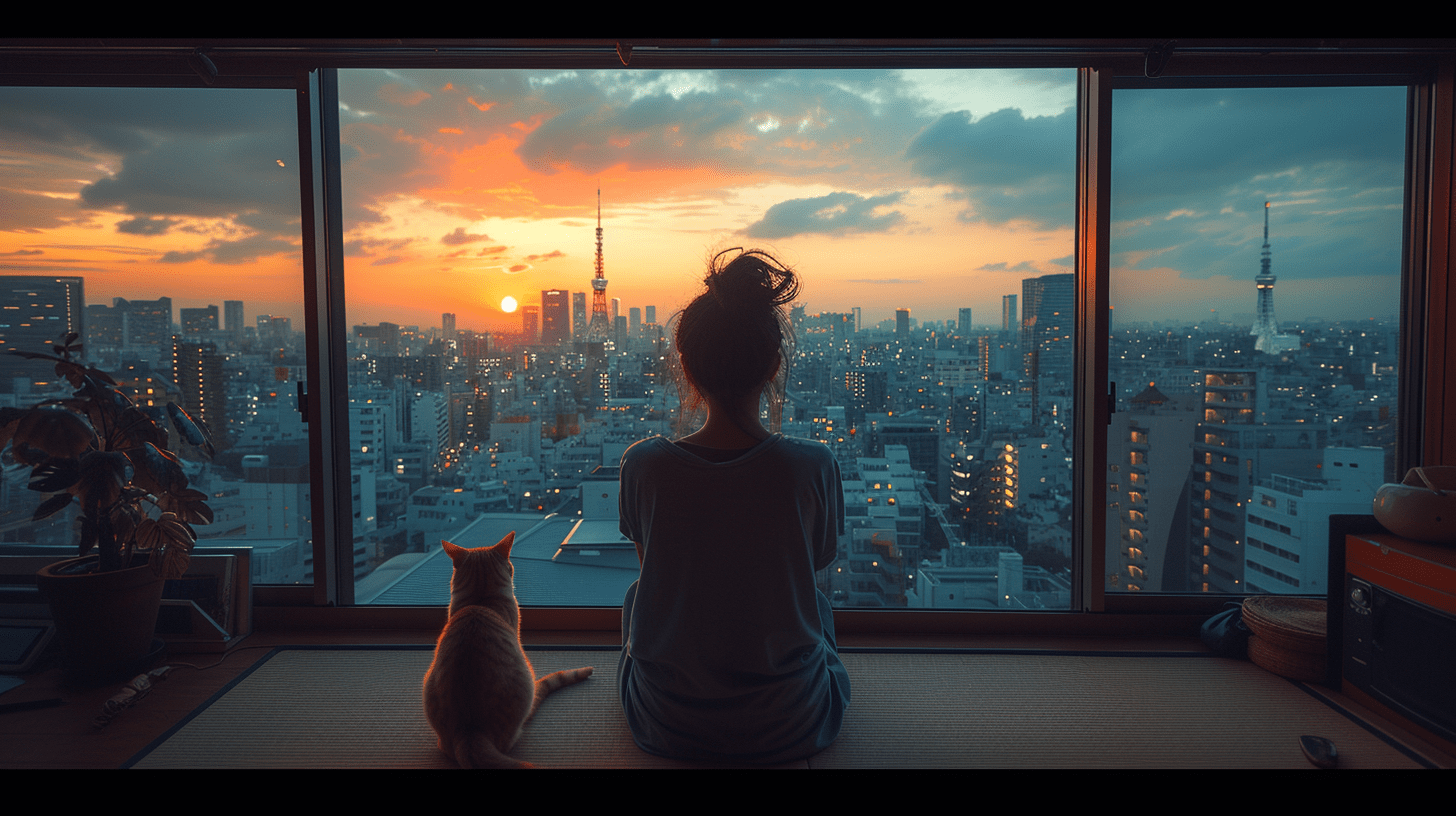 女孩和她的猫咪享受着城市的喧嚣