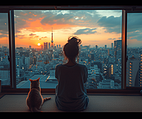 温暖冷调的工作室，一位女孩和她的猫咪享受着城市的喧嚣