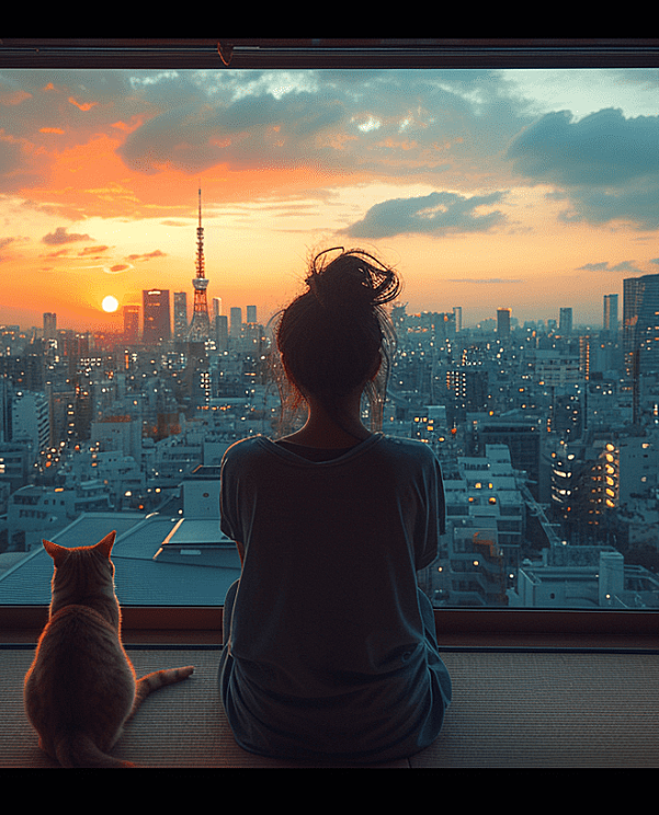 温暖冷调的工作室，一位女孩和她的猫咪享受着城市的喧嚣