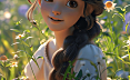 3D动画女孩，坐在花园里，充满了迪士尼风格的内容世界。