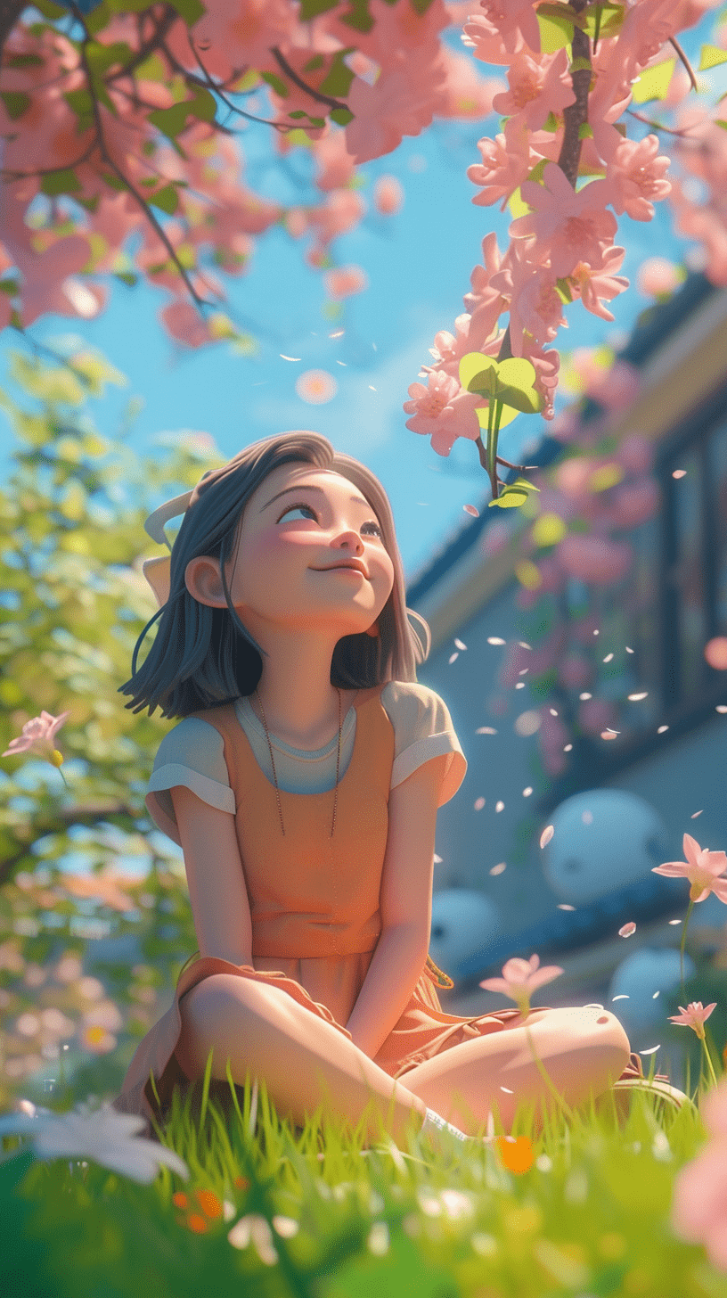 3D动画女孩，坐在花园里，充满了迪士尼风格的内容世界。