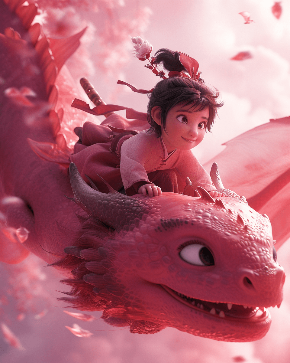 小女孩骑在粉色龙背上的场景，融合了传统的中国元素