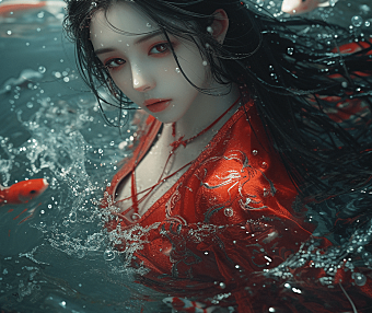 一位长发美女身着红色长裙，沉浸在碧蓝的海水之中