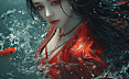 一位长发美女身着红色长裙，沉浸在碧蓝的海水之中