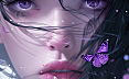 中性风格的女孩，与蝴蝶重叠在一起，黑色头发带着紫色高光！