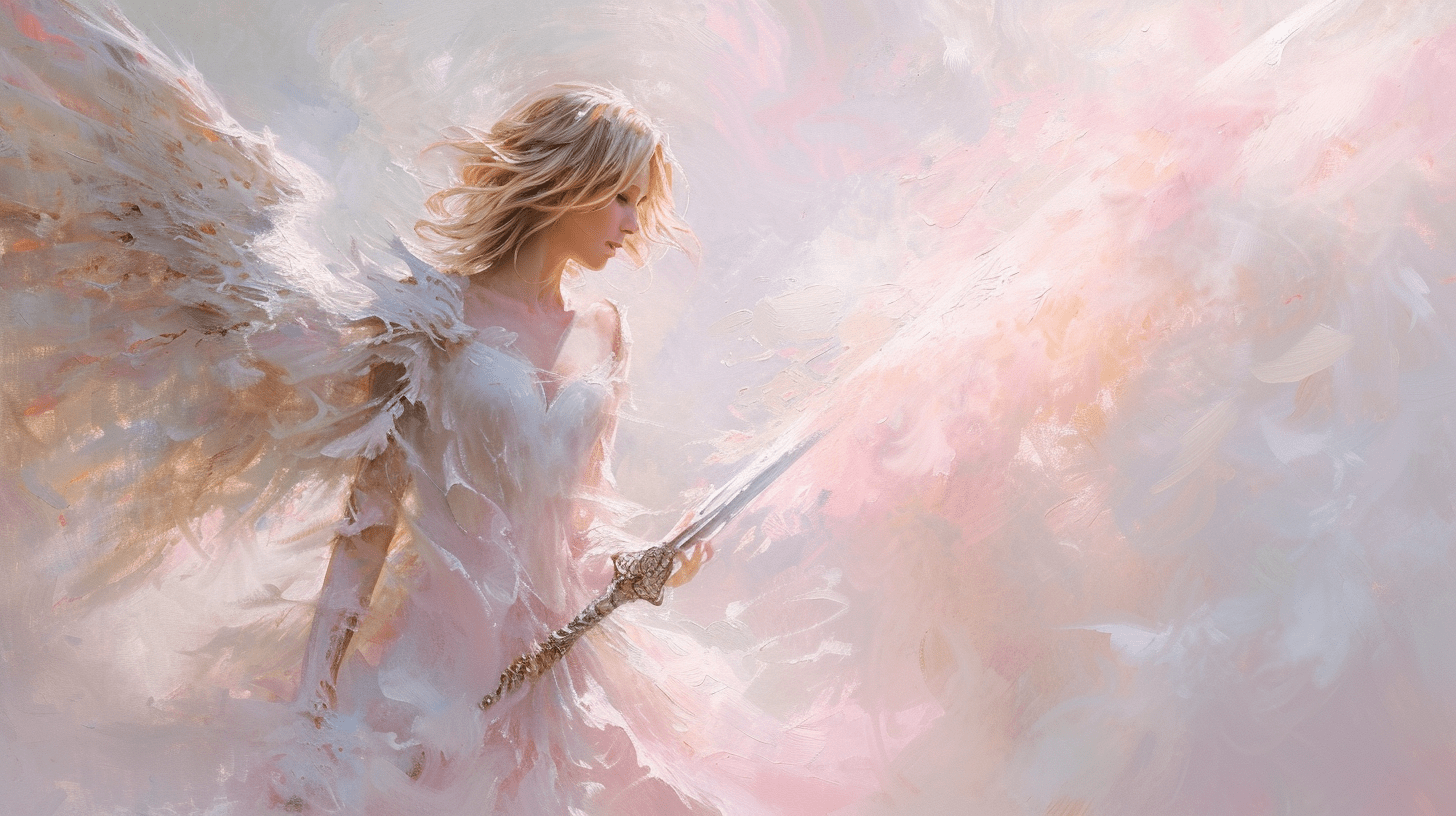 一幅描绘手持火焰之剑天使的油画，色调柔和、淡雅