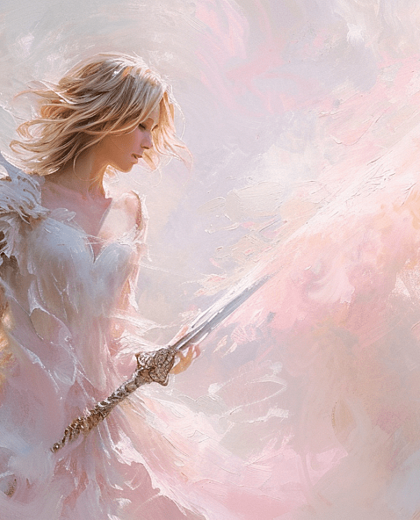 一幅描绘手持火焰之剑天使的油画，色调柔和、淡雅