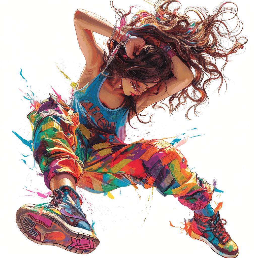 以生动的方式描绘一位年轻女孩，穿着鲜艳的服装和鞋子，正在进行一种自由舞蹈动作