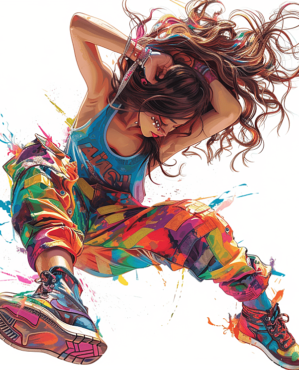 以生动的方式描绘一位年轻女孩，穿着鲜艳的服装和鞋子，正在进行一种自由舞蹈动作