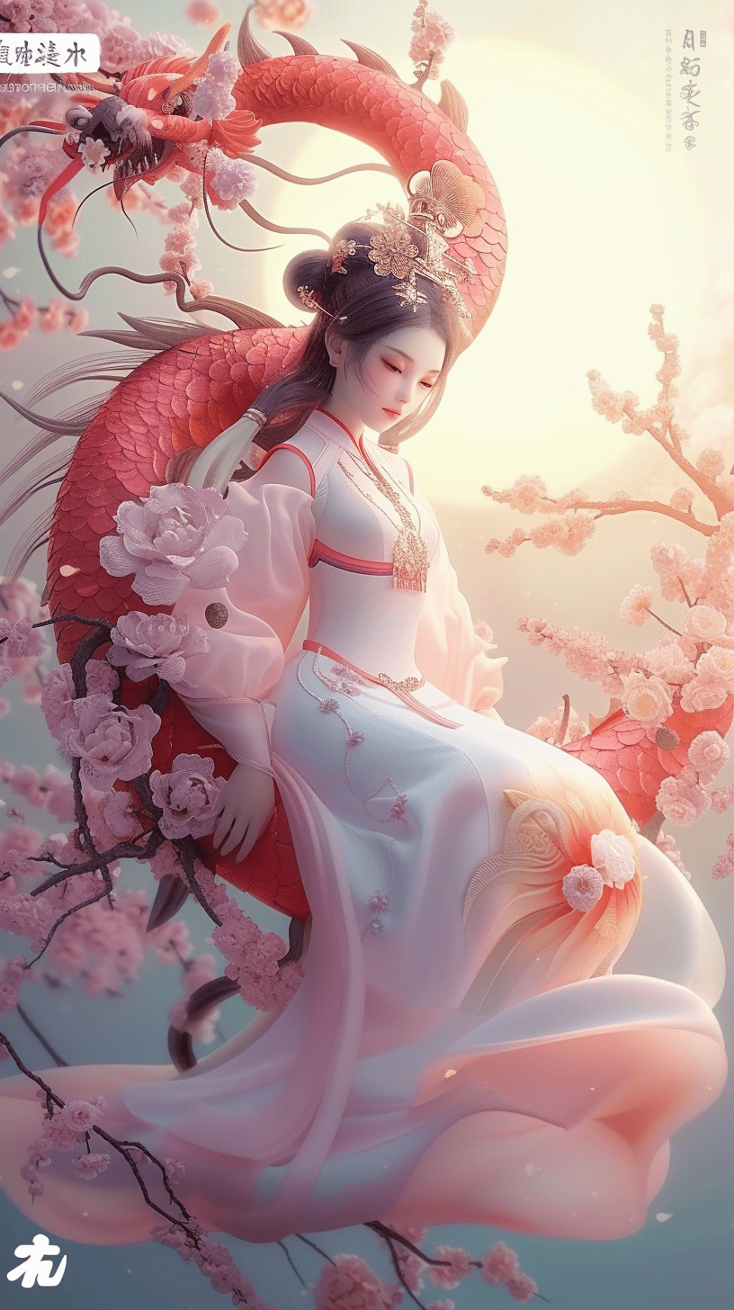 一位美丽的东方女孩坐在桃花枝上，身穿华丽的东方服装，画面柔和