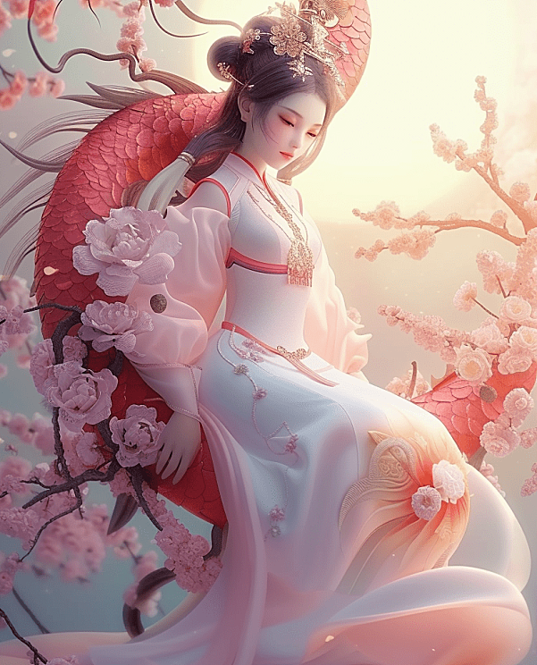 一位美丽的东方女孩坐在桃花枝上，身穿华丽的东方服装，画面柔和