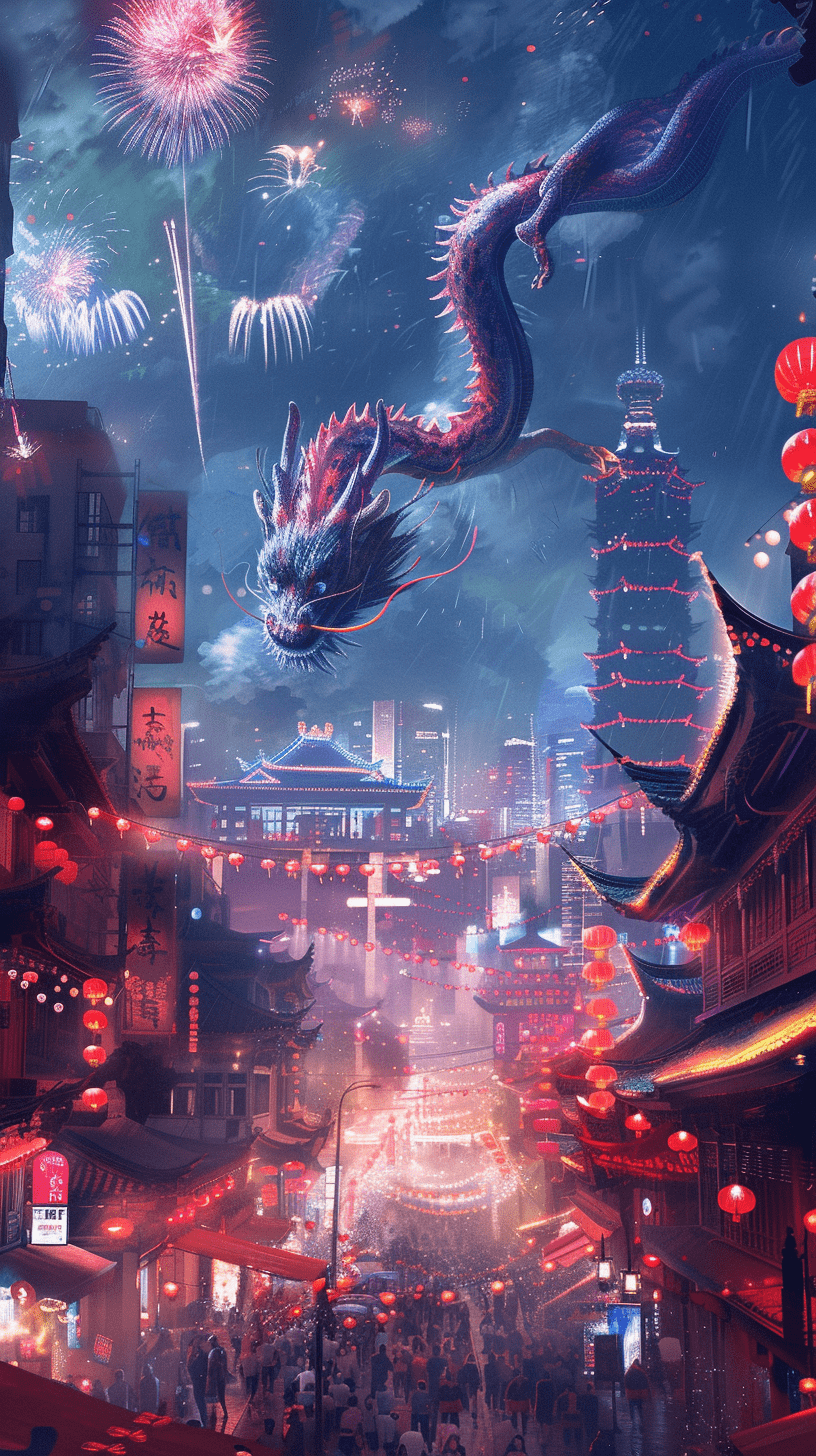 一条中国龙在现代中国城市上空飞翔，俯瞰着人们庆祝春节的场景。