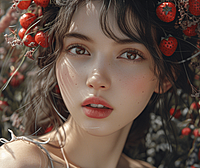 以草莓为背景的美人，仿韩国艺术家朴理卢ai绘画作品