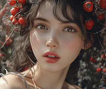 以草莓为背景的美人，仿韩国艺术家朴理卢ai绘画作品