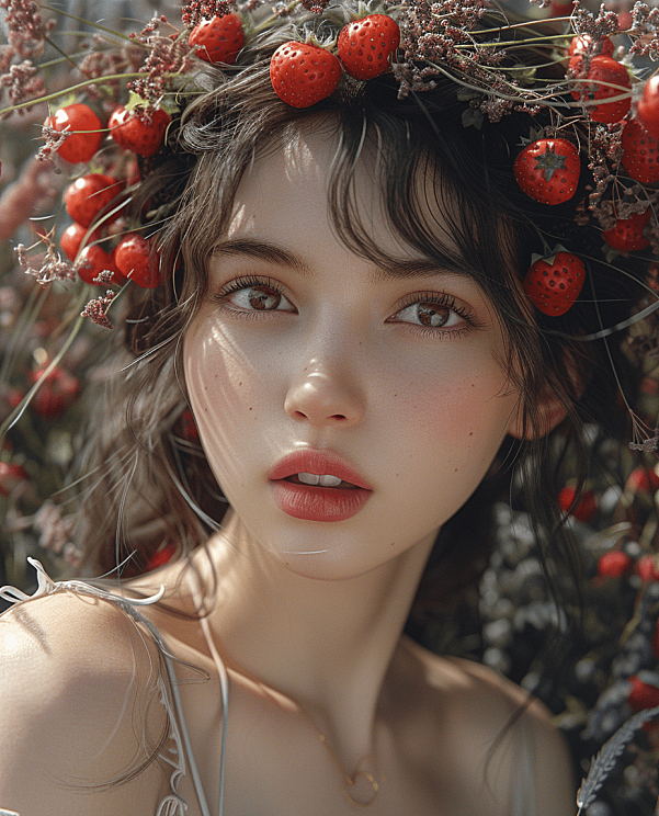 以草莓为背景的美人，仿韩国艺术家朴理卢ai绘画作品