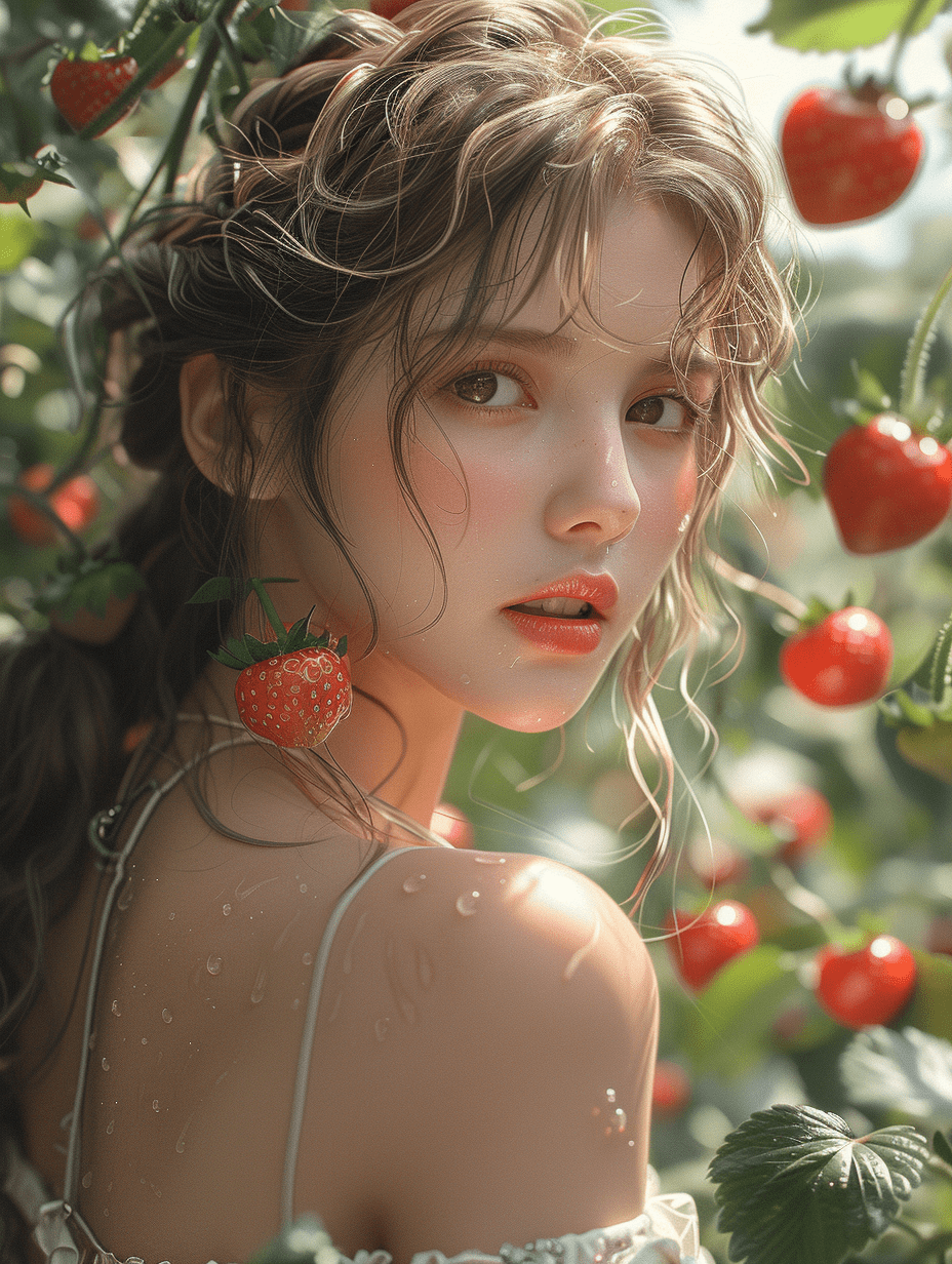 草莓为背景的美人，仿韩国艺术家朴理卢ai绘画作品