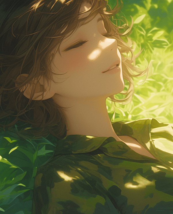 一位女孩在草丛中休息，阳光明媚，棕色的头发柔顺地垂落。