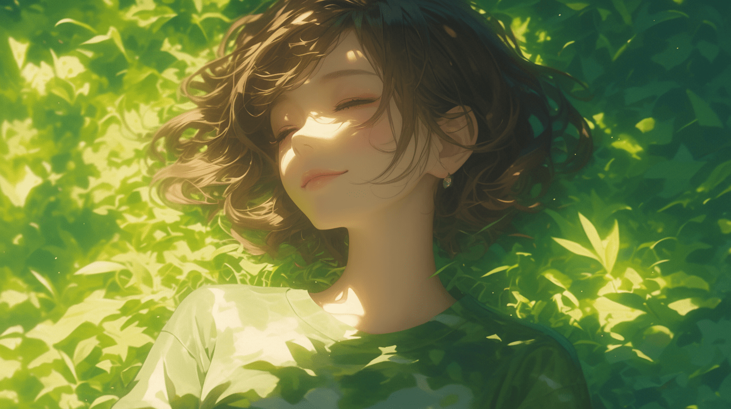 一位女孩在草丛中休息，阳光明媚，棕色的头发柔顺地垂落。