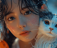 一位女孩在海滩弹吉他，旁边是一只纯白色的小猫咪，画面以V-Ray追踪渲染风格呈现。