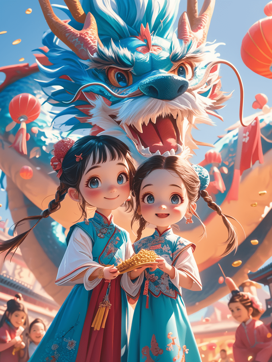中国新年的场景，两个五岁女孩站，穿着传统的中国服装庆祝