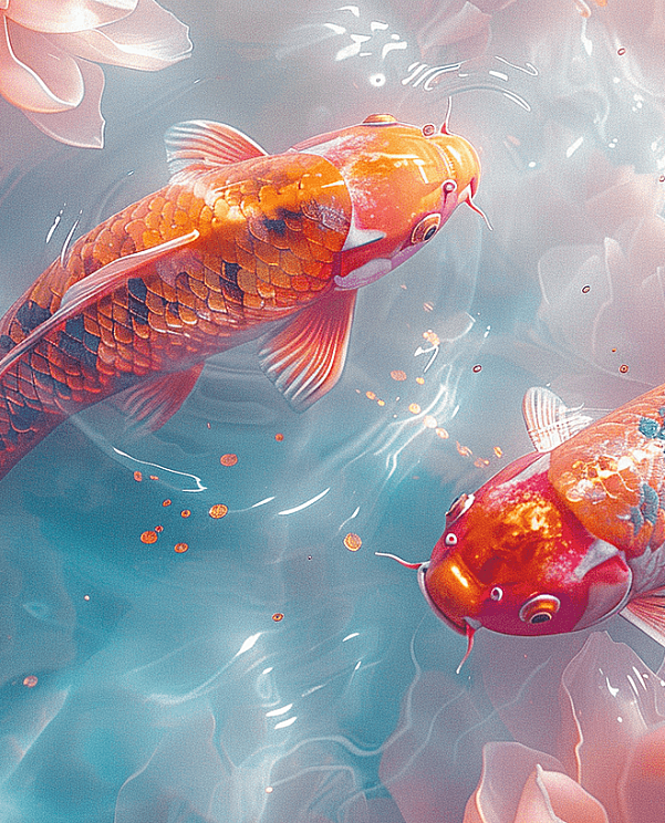 从俯视的角度，欣赏两条金红色的中国锦鲤，在闪耀的粉色水面上游动