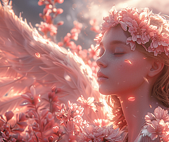 一位天使在粉色的天空中飘浮，这不仅是一幅画，更像是一场关于灵魂净化的仪式。