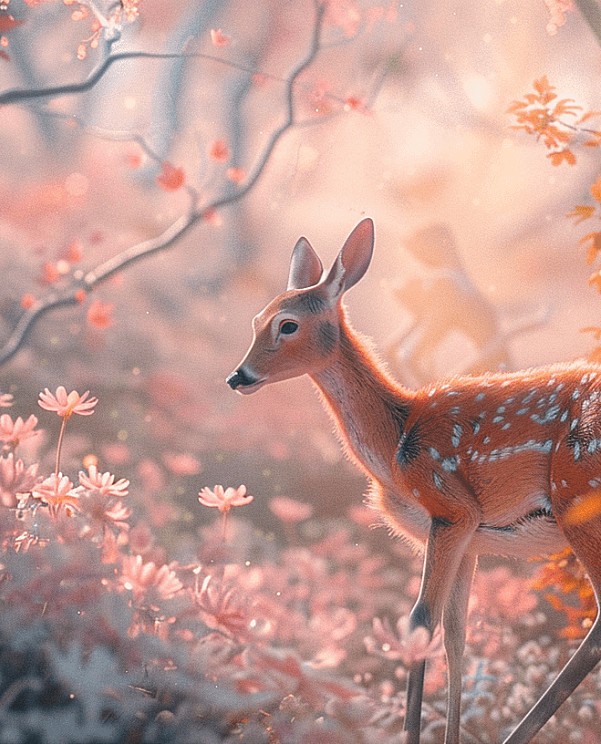 唯美森林中，一只鹿在粉色花海中徐徐行走，细致入微且令人陶醉的画面。