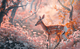 唯美森林中，一只鹿在粉色花海中徐徐行走，细致入微且令人陶醉的画面。