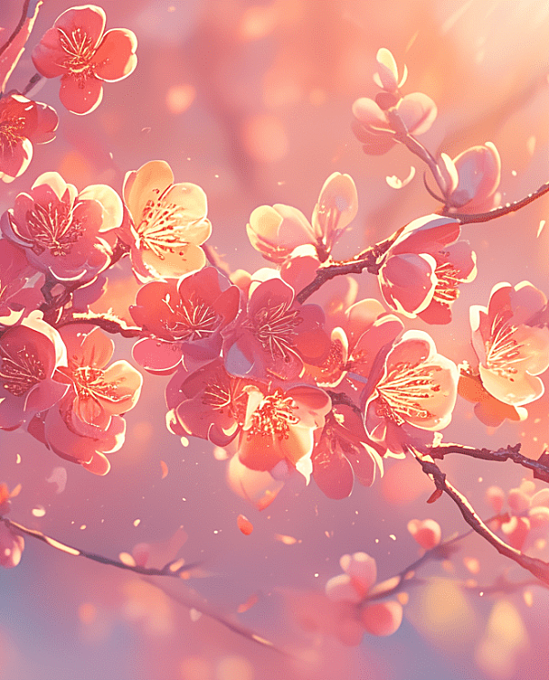 春日里，唯美的桃花密绽，仿佛置身于新海诚笔下的世界，每一朵花瓣都在超现实的细节渲染下栩栩如生。