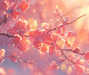 春日里，唯美的桃花密绽，仿佛置身于新海诚笔下的世界，每一朵花瓣都在超现实的细节渲染下栩栩如生。