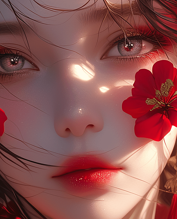 一位大眼睛的女子被红花环绕，神态优雅，勾勒出了一幅让人难以置信的美丽画卷。