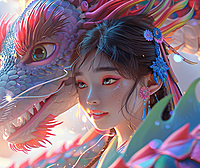 一条彩虹龙环绕着可爱的小女孩，她身着华丽的汉服，与彩虹龙相映成趣。