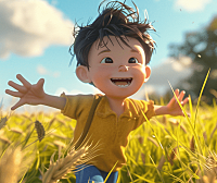 男孩正开心地在麦田中奔跑，夏日的阳光洒在麦浪间，映衬出无限生机。